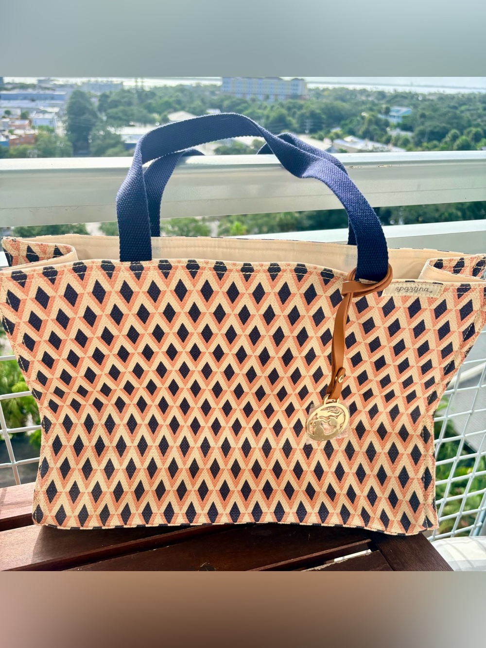 Spartina 449 Pink and Navy Diamond Canvas Tote.
